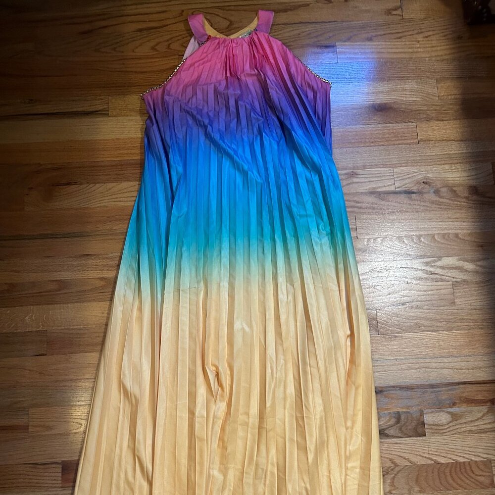 NWT Womens Regina Rainbow Multicolor Dip-Dyed Pleated Maxi Halter Dress M